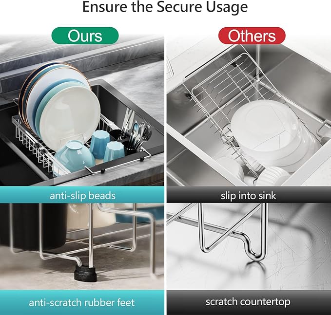 GSlife Stainless Steel Dish Drying Rack - Capacity Expandable in Sink Dish Drainer with Silicone Mat, Over Sink Dish Rack with Utensil Holder for Kitchen Counter, Large Capacity, Silver