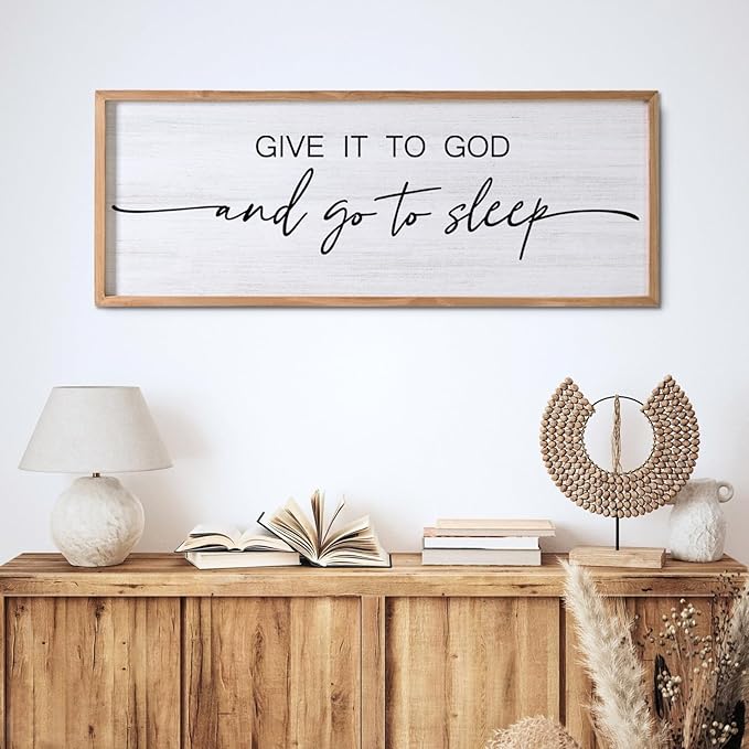 Give It to God and Go to Sleep Decorative Rustic Sign & Plaque Framed Wall Art for Couples, 40''×15'' Vintage Cottagecore Wooden Horizontal Wall Decor Above Bed, Farmhouse Wedding Gift for Bedroom
