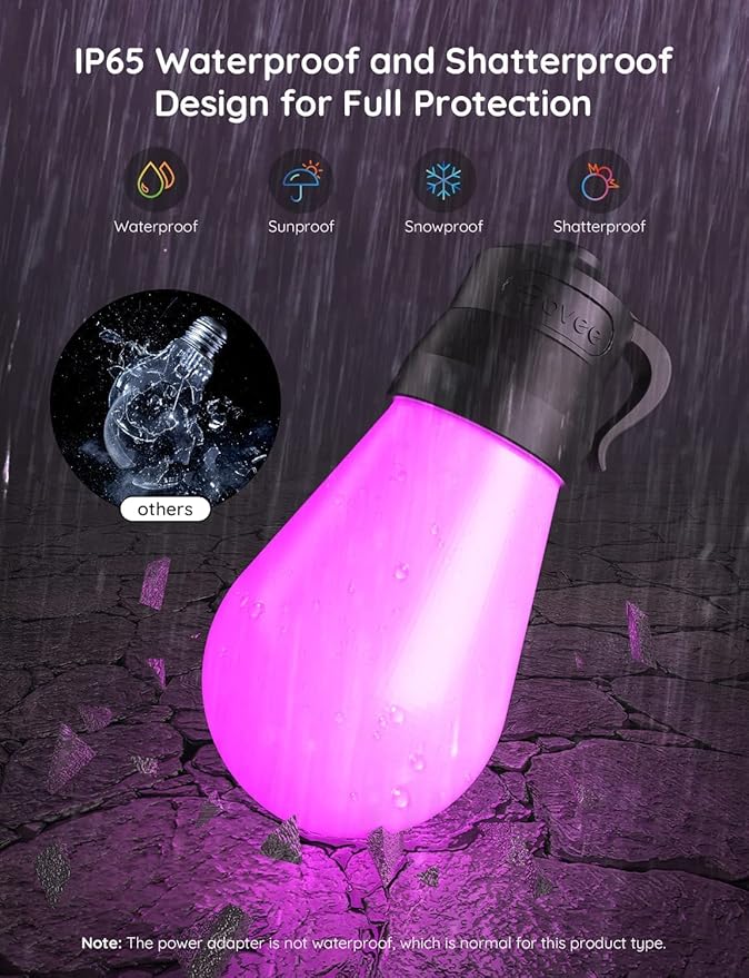 Govee Smart Outdoor String Lights H7015, 48ft RGBIC Outdoor Lights with 15 Dimmable LED Bulbs, IP65 Waterproof, Color Changing Warm White Lights with 47 Scene Modes for Patio, Backyard, App Control