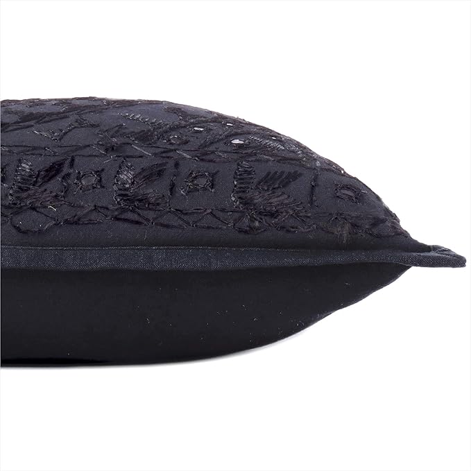 Eyes of India Embroidered Decorative Boho Throw Pillow Cover with Mirrors, Handmade Bohemian Accent Cushion Case for Sofa Couch Bedroom Living Room (Black, 16" x 16")