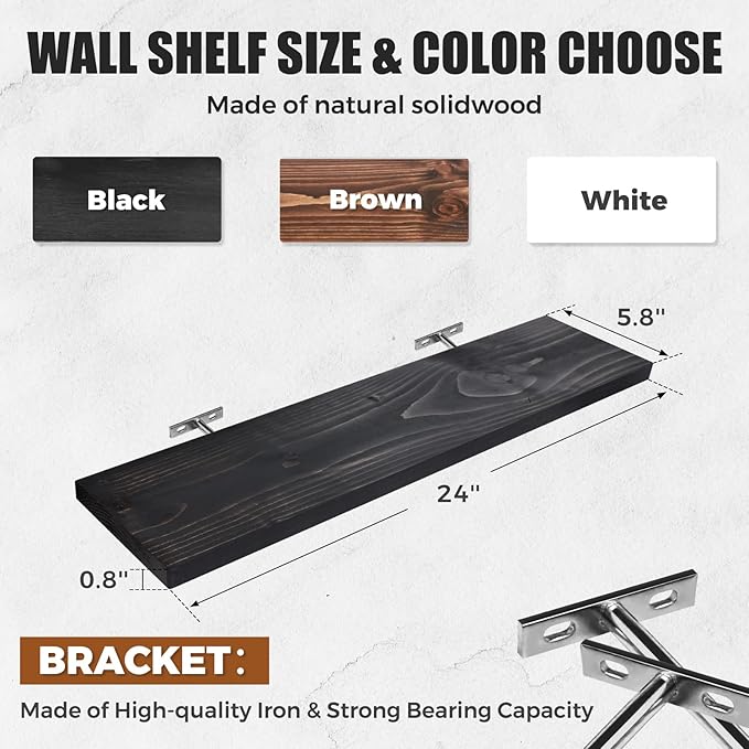 Floating Wall Shelves 3-Pack - 24-Inch Rustic Black Wooden Shelves for Storage and Décor, Easy Installation for Living Room, Bedroom, and Kitchen