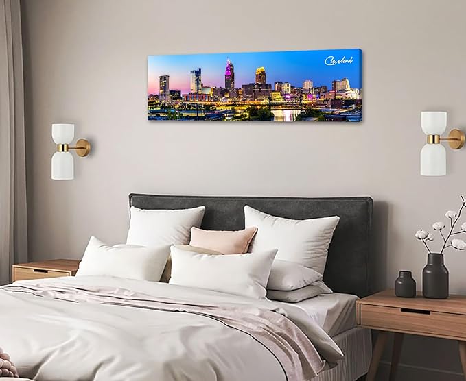 Cleveland Skyline Wall Art Colorful Canvas Prints Night View Ohio USA Cityscape Panoramic City Building Painting for Bedroom Office Decor Framed and Ready to Hang 13.8"x45.3"