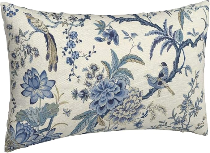 CXMEIFLY Spring Floral Birds Pillow Covers 12 x 20 Inch Set of 2 for Chinoiserie Flowers Decor Throw Pillows Blue and White Plant Outdoor Decorative Cushion Cases for Couch Bed Decorations