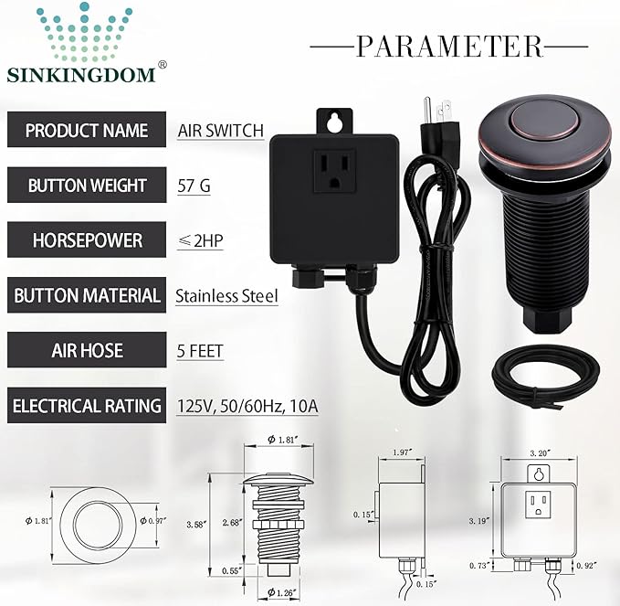 Garbage Disposal SinkTop Air Switch Kit with Long Button,Brass Made Cover,Oil Rubbed Bronze
