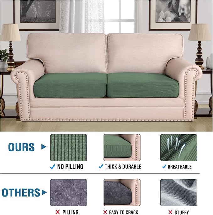H.VERSAILTEX Super Stretch Individual Seat Cushion Covers Sofa Covers Couch Cushion Covers Slipcover Sets Thick Jacquard Textured Twill Fabric (2 Piece Large Sofa Cushion Covers, Loden Frost)
