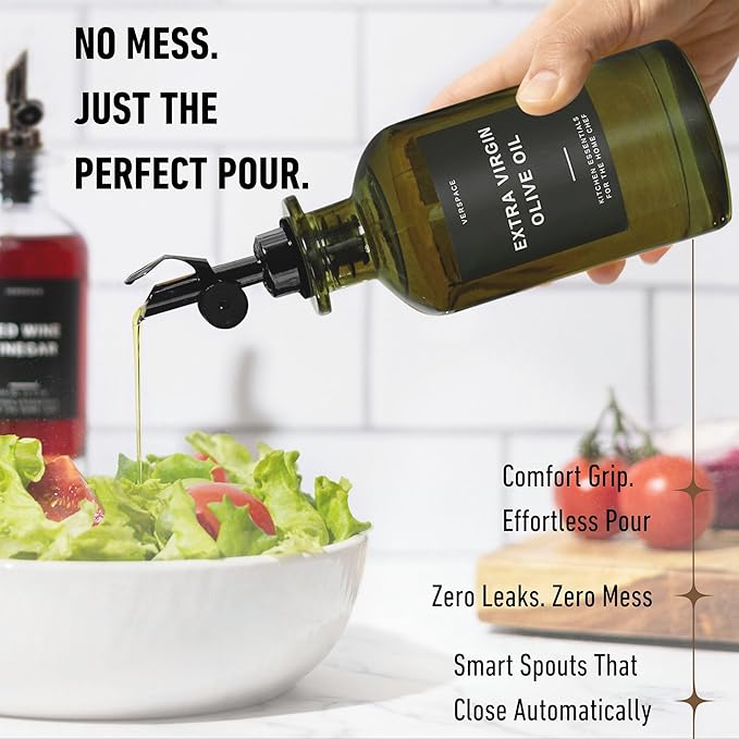 Green Glass Olive Oil Dispenser Bottle For Kitchen By Verpsace,Avocado Oil Dispenser Set, Modern Decor, Gold Kitchen Accessories for Home, Airbnb, Cafe (Black, Set of 2)