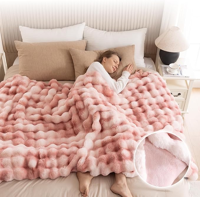 Cozy Faux Fur Throw Blanket for Couch-Warm Fuzzy Throw Blanket, Soft Plush Thick Bubble Blankets for Bedroom and Living Room, Furry Luxury Blanket, 90 x 90, Tie-Dye Pink