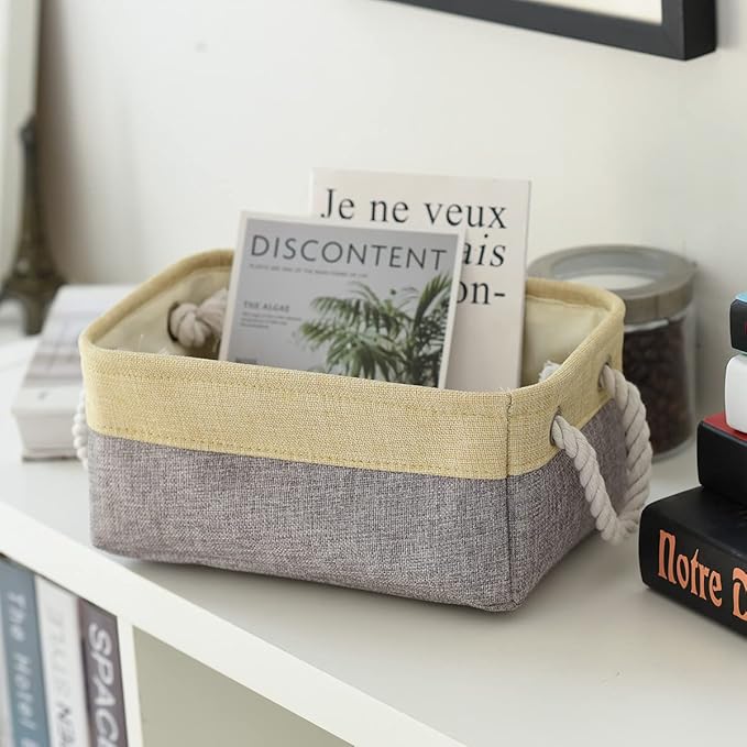 Fabric Storage Baskets for Organizing(6 Pack) Small Baskets for Shelves,storage, Laundry, Nursery, Closets, Decorative Baskets for Gifts Empty (Grey & gold, 11.8” x 7.8” x 5.1”)