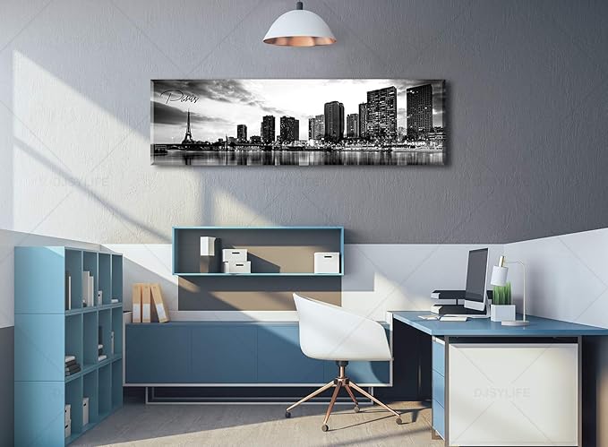 DJSYLIFE Paris Eiffel Tower Skyline Wall Art Black and White Modern City Night View Panoramic Cityscape Picture Paintings Canvas Prints Office Room Home Decoration Artwork Framed 13.8"X47.3"