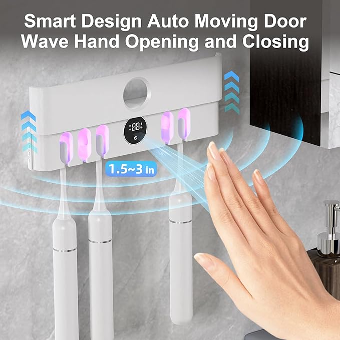 Electric Toothbrush Holder and Cleaner Auto Cleaning and Drying Toothbrushs in Circle Wall Mounted for Bathroom Accessory Auto Open/Close Cover Rechargeable Home Gadgets