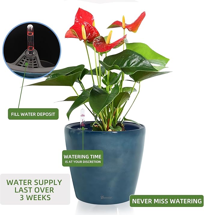 Dexceder 11x10 Inches Self Watering Planter Indoor Outdoor, Inner Pot Design, Thickened Table Flower Plant Pot with Water Level Indicator (Grayish Green Gradient)