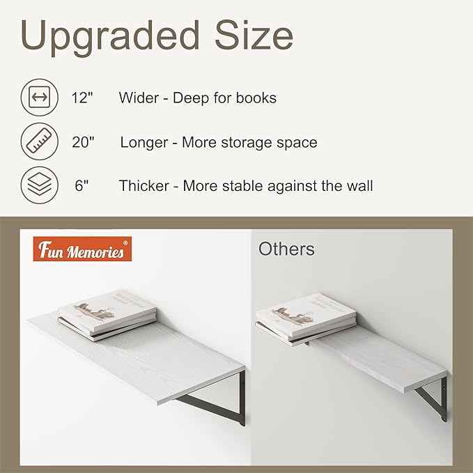 Fun Memories 20 Inch Floating Shelves for Wall, White Bathroom Shelves Set of 2, 12 Inch Deep Wall Shelf for Bedroom, Kitchen, Large Home Decor Shelves Farmhouse Storage Shelf