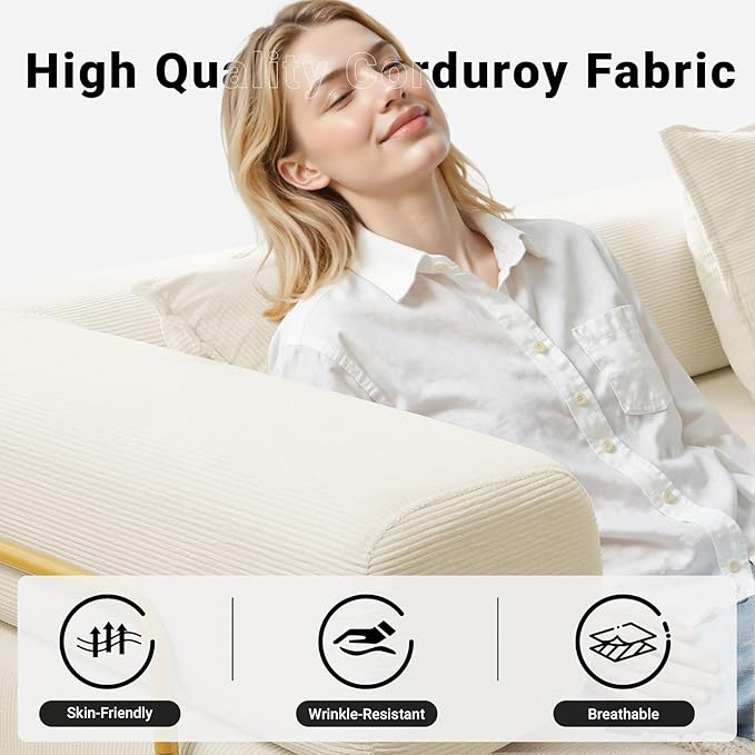108" Oversized Convertible Sleeper Sofa Bed, Corduroy L Shape Sectional Couch, Folding Sofa Bed with Side Pocket, Modern Cloud Floor Mattress Couch, Modular Sofa for Living Room, Beige