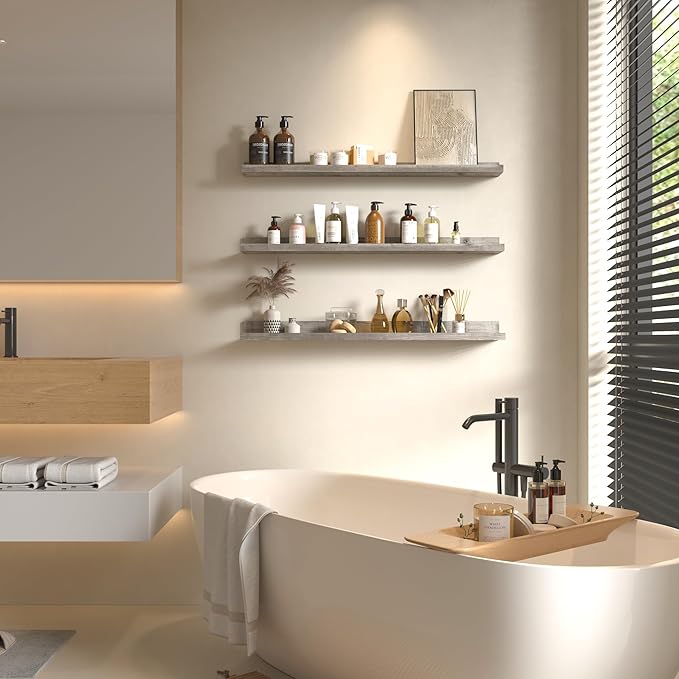 Giftgarden 36 Inch Grey Floating Shelves for Wall Mount, Gray Wood Wall Shelf Ledge for Bathroom Bedroom Living Room Kitchen Storage, Set of 3 Different Sizes