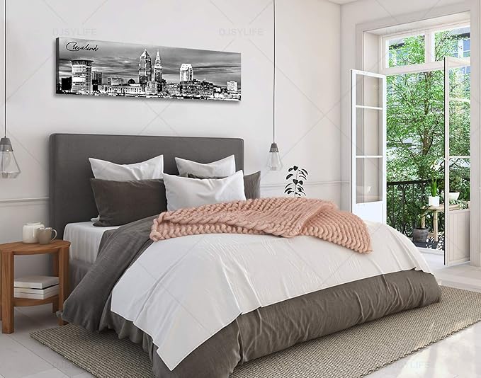 Cleveland Skyline Decor Wall Art Canvas Prints Black and White Night View USA Cityscape Panoramic Painting for Bedroom Office Framed and Ready to Hang 13.8"x47.3"