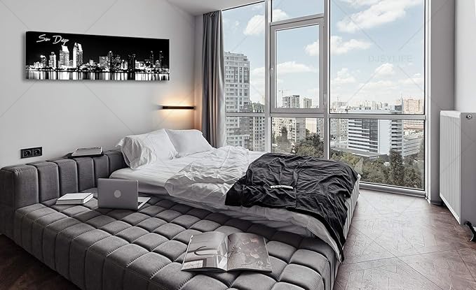 DJSYLIFE San Diego Skyline Wall Art Black and White Night View USA Cityscape California Pictures Artwork Painting Poster for Bedroom Office Decoration Stretch Framed Ready to Hang 13.8"x47.3"