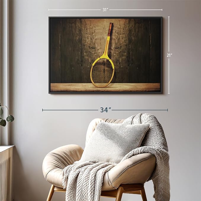 ElephantStock Vintage Tennis Racket Wall Art - Horizontal Framed Canvas - 1-Piece Living Room Wall Decor - Photography Sports Canvas Print - Brown and Black Decor for Wall - 31" X 21"