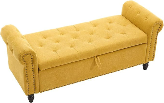 Furniliving 55” End of Bed Bench, Bedroom Bench with Button-Tufted, Large Upholstered Storage Ottoman Benches Window Bench with Storage Shoe Cabinet Bench, for Bedroom, Living Room, Linen, Yellow