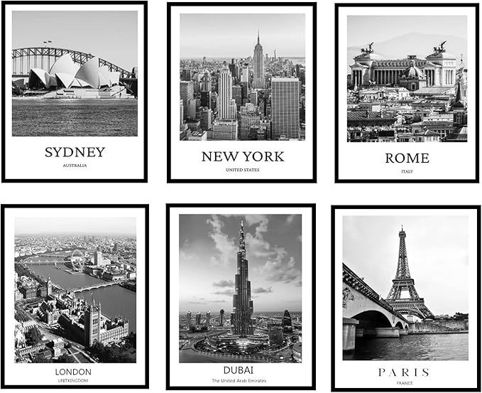 ELEVENSPACE Black And White Wall Art Decor,New York, London, Tokyo, Paris, Eiffel Tower Wall Decor Art,Modern Boho Wall Art for Living Room Bedroom Prints Poster,8x10 Inch Set of 6,Unframed
