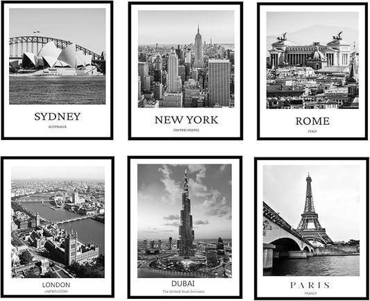 ELEVENSPACE Black And White Wall Art Decor,New York, London, Tokyo, Paris, Eiffel Tower Wall Decor Art,Modern Boho Wall Art for Living Room Bedroom Prints Poster,8x10 Inch Set of 6,Unframed