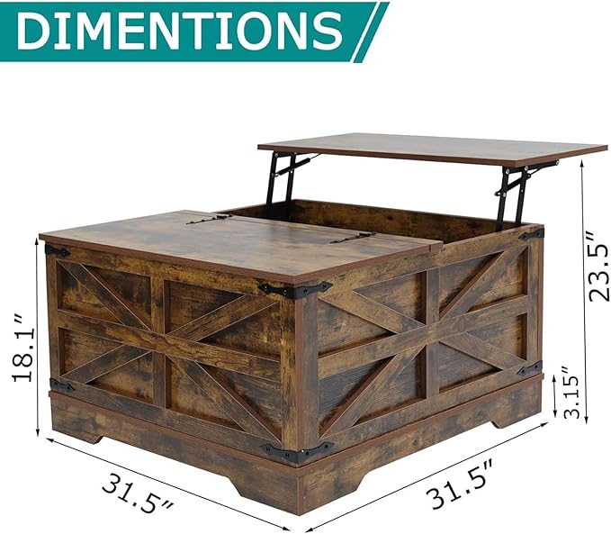 Coffee Table with Storage, Rustic Brown Square Coffee Tables for Living Room, Lift top Coffee Table with Large Hidden Compartment, Smart Cocktail Tables with Flip Top Lids for Home Office