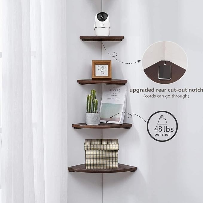 Corner Shelves, Floating Corner Shelf, Set of 2 Solid Oak Wood Wall Shelves, Round End Wall Mount with Wire Hole Shelving for Small Plant for Bedroom Kitchen, Living Room Walnut 8.7”