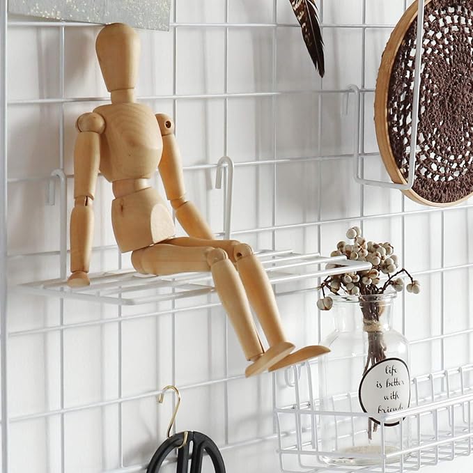 FRIADE Wall Grid Panel Hanging Basket with Hooks,Bookshelf,Display Shelf,Wall Organizer and Storage Shelf for Home Supplies,1 Set of 3 (White)