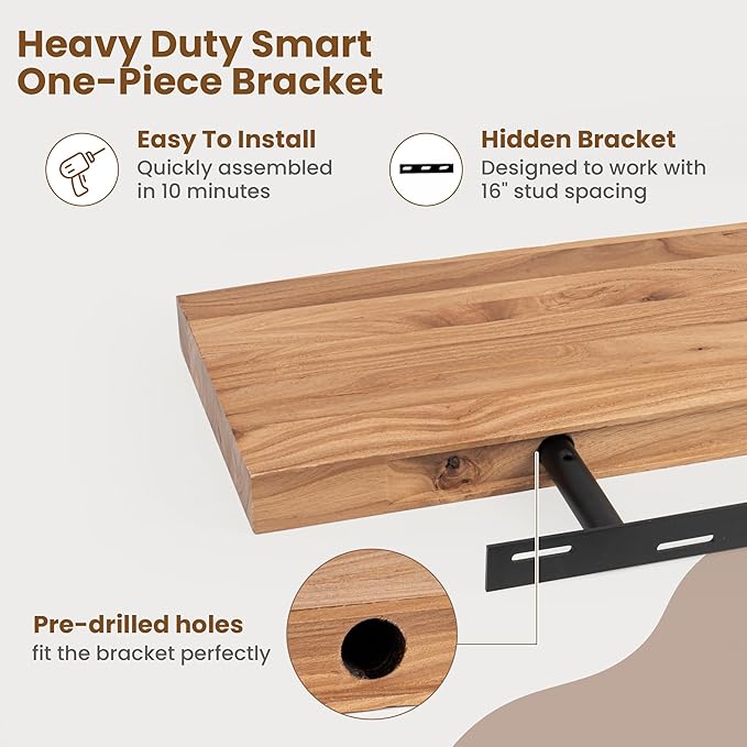 Floating Shelves for Wall Decor, Rustic Solid Elm Wood Live Edge Floating Shelves Wall Mounted, Wall Shelves with Invisible Bracket for Living Room Bathroom Bedroom Kitchen, 32 Inch Set of 2, Natural