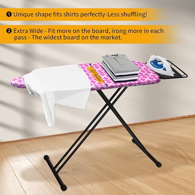 Extra Large Ironing Board with Hang Rail and Iron Rest 63" L x 20" W (Large with Iron Rest (Pink Cover))