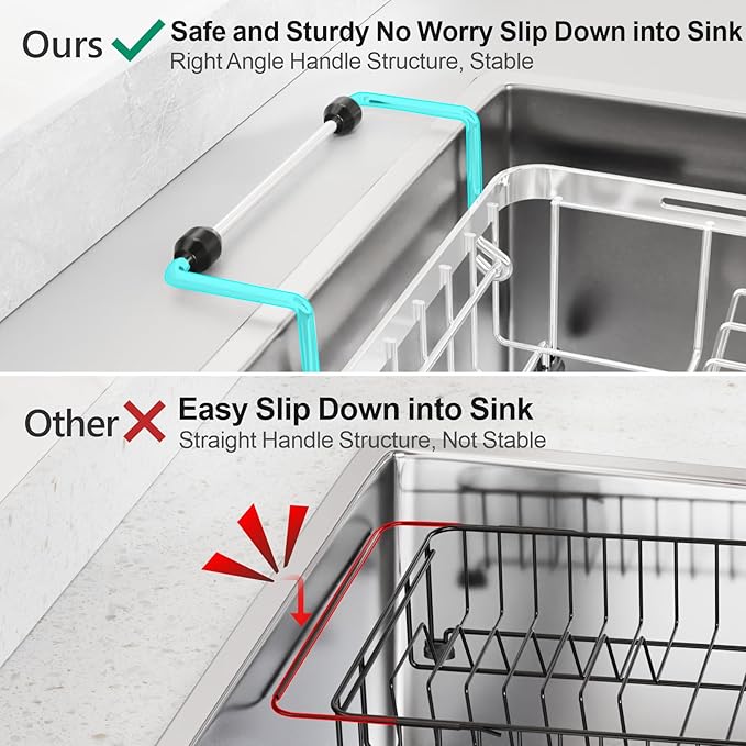 GSlife Expandable in Sink Dish Drying Rack Small with Silicone Mat - Stainless Steel Capacity Adjustable Over The Sink Dish Rack with Utensil Holder for Counter or Inside Sink (12.4" -16.8"), Silver