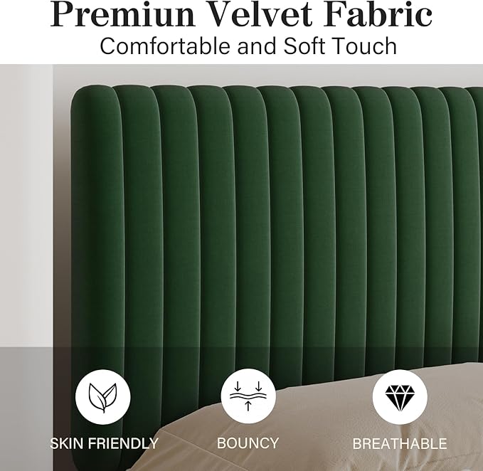 Full Size Bed Frame, Velvet Upholstered Platform Bed with Vertical Channel Tufted Headboard and Footboard, No Box Spring Required, Easy Assembly, Green