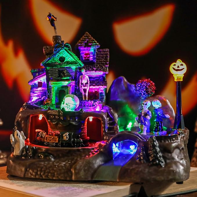 DREAM GARDEN Halloween Village Collection, Lighted Spooky Haunted House with Animated Train and Scary Sound Halloween Collectible Bulidings with Skull, Pumpkin, Ghost for Holiday Party Tabletop Decor