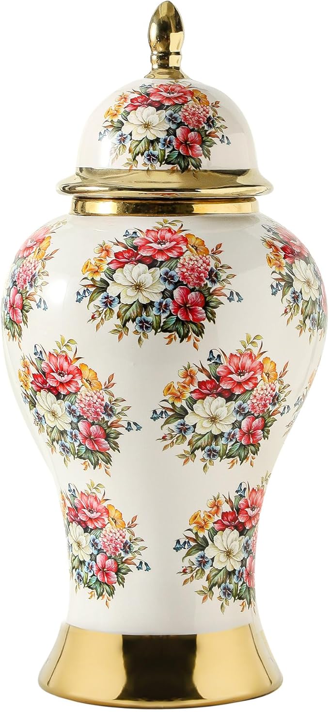 Ginger Jars for Home Decor, White Gold Ceramic Vase with Colorful Floral Pattern, Handmade Decorative Flower Vase with Lid for Home, Kitchen, Office, Table, Bookshelf, Mantle Fireplace,(18in)