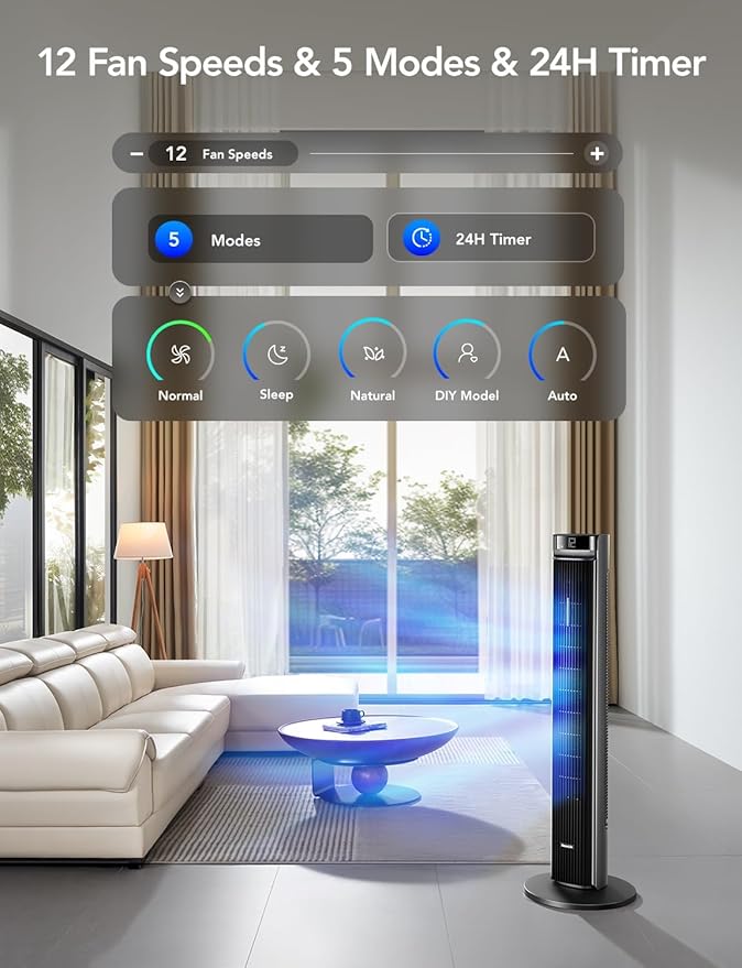 GoveeLife 42'' Tower Fan for Bedroom, Smart Floor Fans with 150° Adjustable Oscillating, APP & Voice Control, 5 Modes 12 Speeds up to 26ft/s, 24H Timer, 27dB Quiet Fan for Cooling Home Office Silver