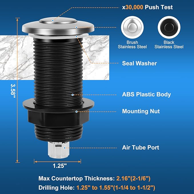 Dual Outlet Garbage Disposal Air Switch Kit, UL Listed Sink Top Air Switch for Food Waste Disposal, 3.58” Extra Long Air Button, Brushed Stainless Steel