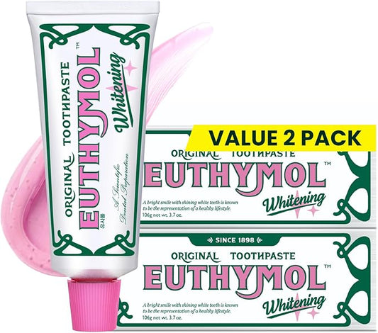 EUTHYMOL Whitening Toothpaste (3.7fl oz*2, Pack of 2) - Stain Removal in 2 Weeks, Long-Lasting Freshness for Sensitive Gum & Teeth. Bad Breath, Cavity Prevention. Recyclable Aluminum Tube
