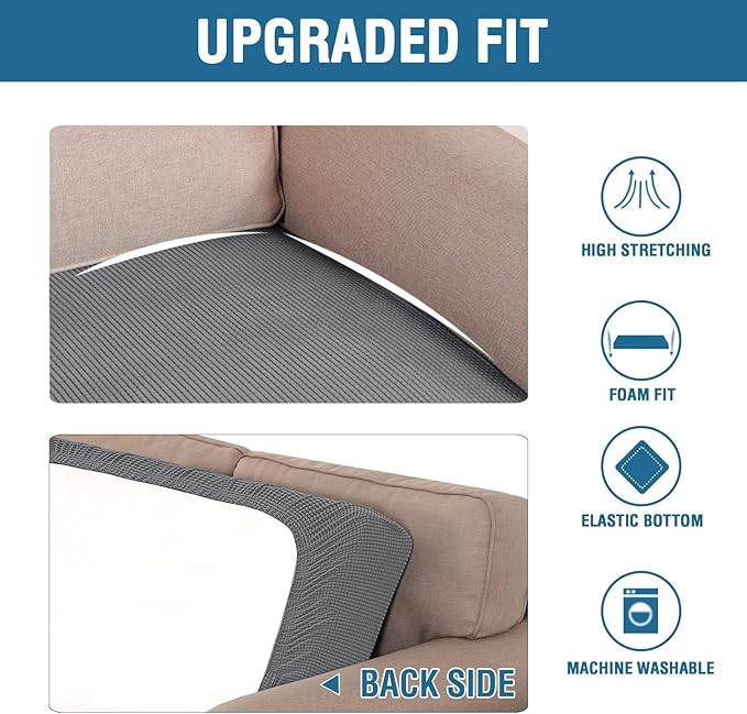 H.VERSAILTEX Super Stretch Individual Seat Cushion Covers Sofa Couch Slipcover Sets Thick Jacquard Textured Twill Fabric (2 Piece Medium Covers, Grey)