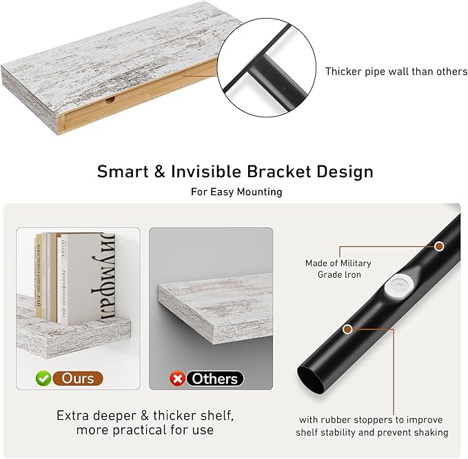 Fun Memories Deep Floating Shelves - 16" W x 9" D x 1.6" H Rustic Grey Wall Shelf - Wall Mounted Shelves for Storage - Wooden Shelves with Invisible Brackets for Living Room, Farmhouse - Set of 2