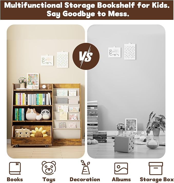 COZPAW Kids Bookshelf and Toy Storage, 4 Tier Toddler Bookshelf with Movable Drawer 5 Sling Pockets, Montessori Book Shelf for Kids Room, Playroom, Nursery (Brown)