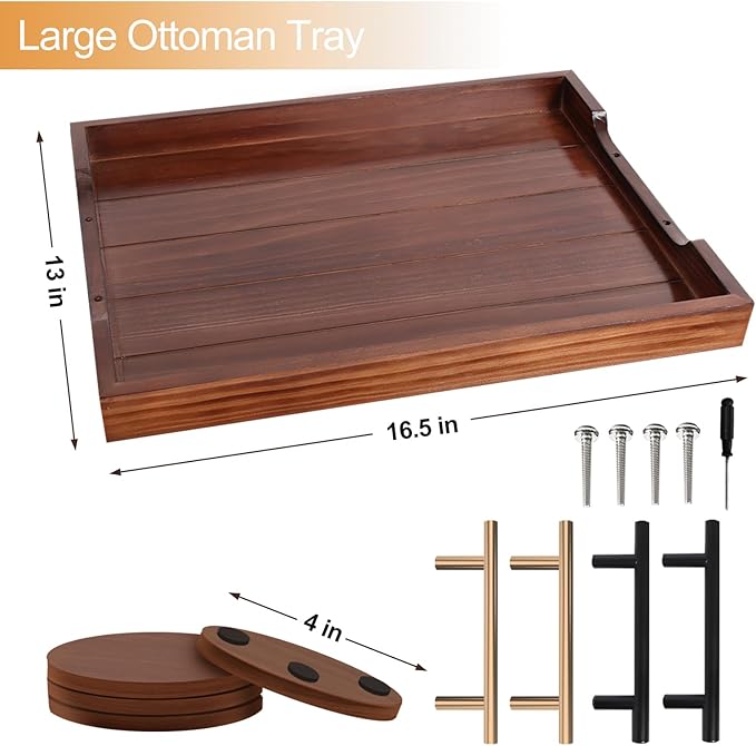 Coffee Table Tray - Large Ottoman Trays for Living Rooms - Wood Serving Tray with Handles(2 Sets) - Wooden Tray for Coffee Table, 4 Round Coasters Included, Dark Brown