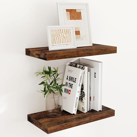 Fun Memories 16 Floating Shelves, 9 Inch Deep Wall Shelf for Bathroom, Rustic 16 x 9 Floating Shelf for Kitchen, Bedroom, Wide Wooden Shelves Wall-Mounted, Rustic Brown Color, Set of 2