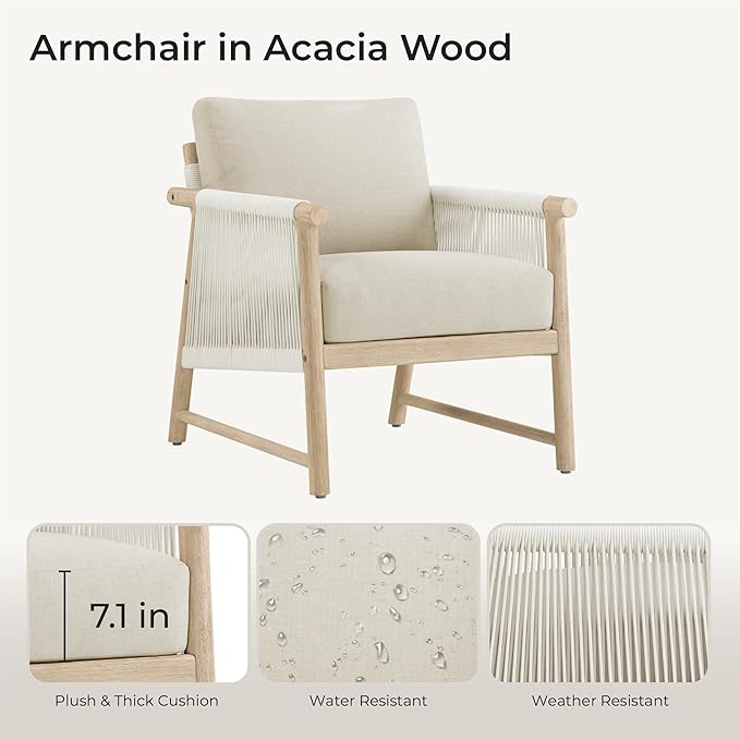 CHITA Boho Patio Rattan Chair Set of 2, Outdoor Wicker Chair with 7.1″ Thickened Cushions Acacia Wood Frame(Cream)