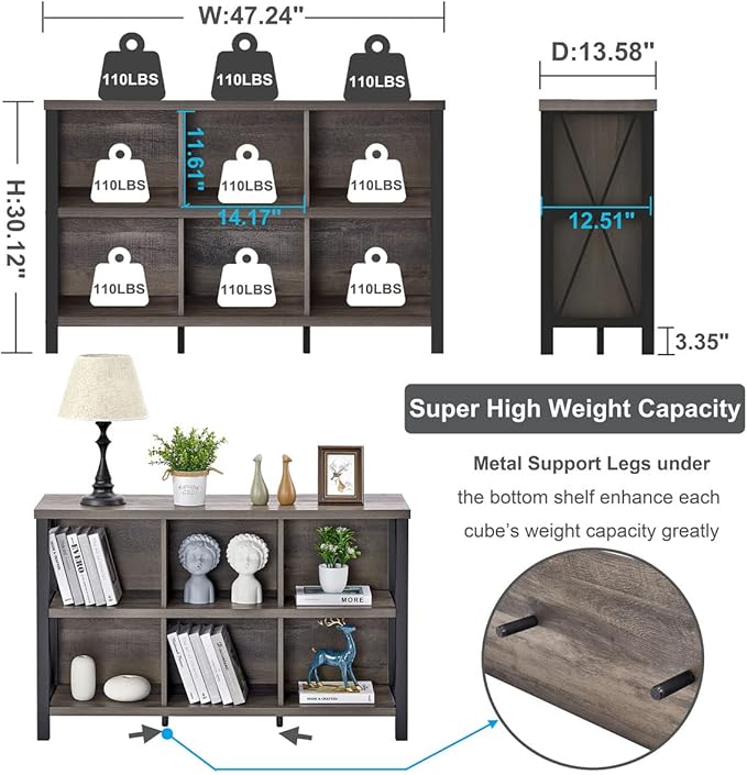 FATORRI Rustic 6 Cube Storage Organizer with Shelf, Wood and Metal Cubby Bookcase, Industrial Horizontal Bookshelf for Living Room, Home Office (Walnut Brown, 47 Inch)
