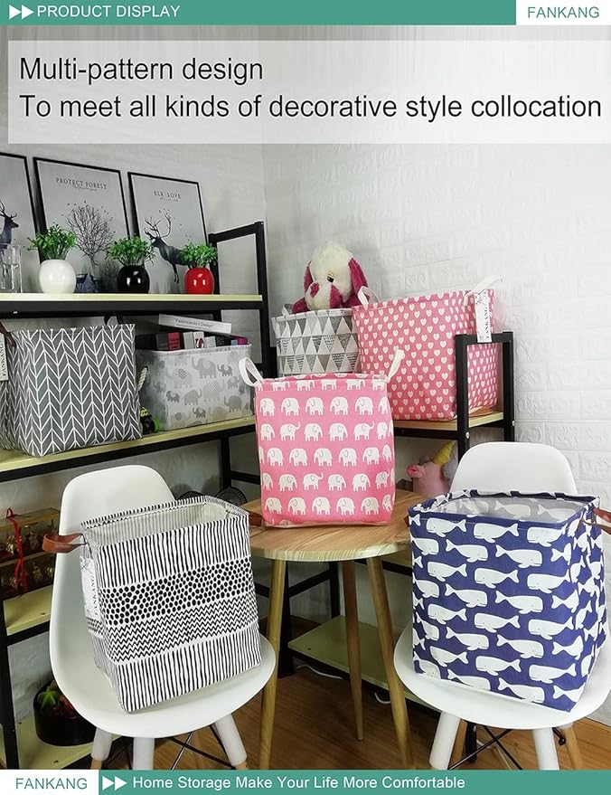 FANKANG Square Nursery Hamper Storage Bins Canvas Laundry Basket Foldable with Waterproof PE Coating Storage Baskets Gift Baskets for Children, Office, Bedroom, Clothes（Square-Pink Heart ）