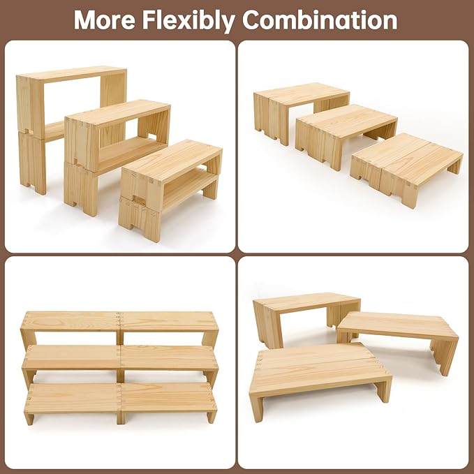 Display Wood Risers Wooden Stand 3 Tier 4 Set 12 Pieces Wooden Stands Decorative Rectangular Display Cupcake Stands Perfume Racks Cologne Organizer(Nature)