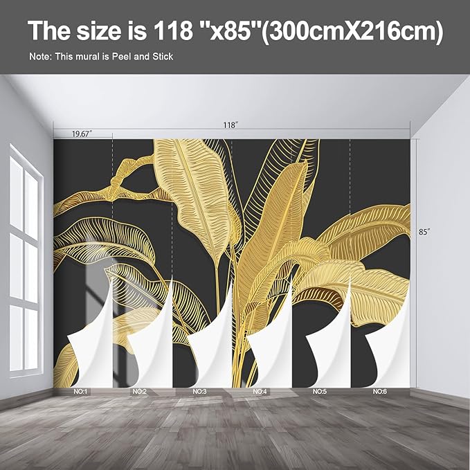 Gold Banana Leaf Wall murals Peel and Stick Wallpaper for Bedroom Living Room - 85"x118"