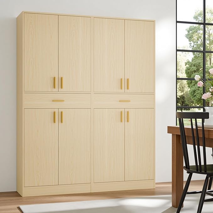 Cozy Castle Pantry Cabinet, 71" Tall Kitchen Storage Cabinet with Doors and Shelves, Freestanding Wood Cupboard Utility Hutch with Drawer for Dining Room Living Room Bathroom Furniture, Oak