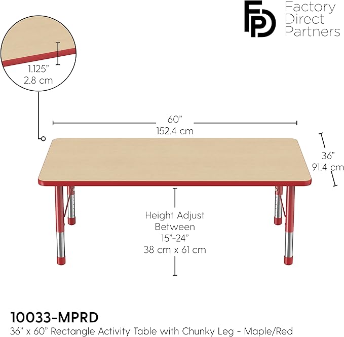 Factory Direct Partners FDP Rectangle Activity School and Classroom Kids Table (36 x 60 inch), Toddler Leg, Adjustable Height 15-24 inches - Maple Top and Red Edge