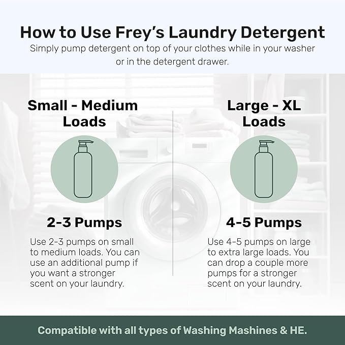 FREY Concentrated Liquid Laundry Detergent | Formulated for Sensitive Skin & HE Washers | Removes Stains Effectively | 50 Loads per Bottle (2-pack Cedar Grove)