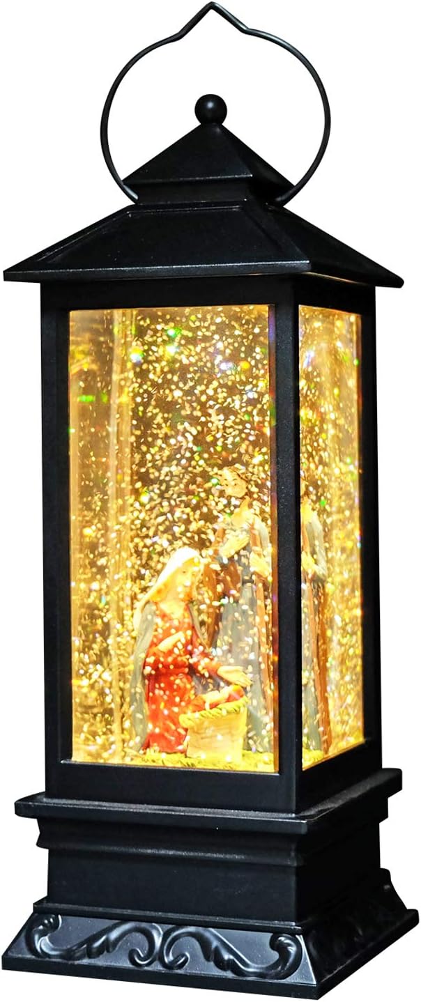 Eldnacele Musical Snow Globe Lantern Lighted Lamp USB Lined in Swirling Glitter Water Lantern Lamp Christmas Nativity Decoration Hurrican Light Timer 12" (Nativity)